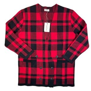 UNTUCKit Chloe Cardigan Women Medium Red Black Buffalo Plaid Double Breasted NWT